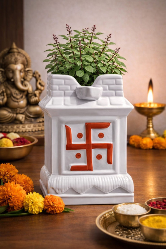 Vaachi Creations Designer Tulsi Pot – VastuFriendly, DurablePlanter for Home Temple - 10 Inch Plant Container Set(Ceramic)