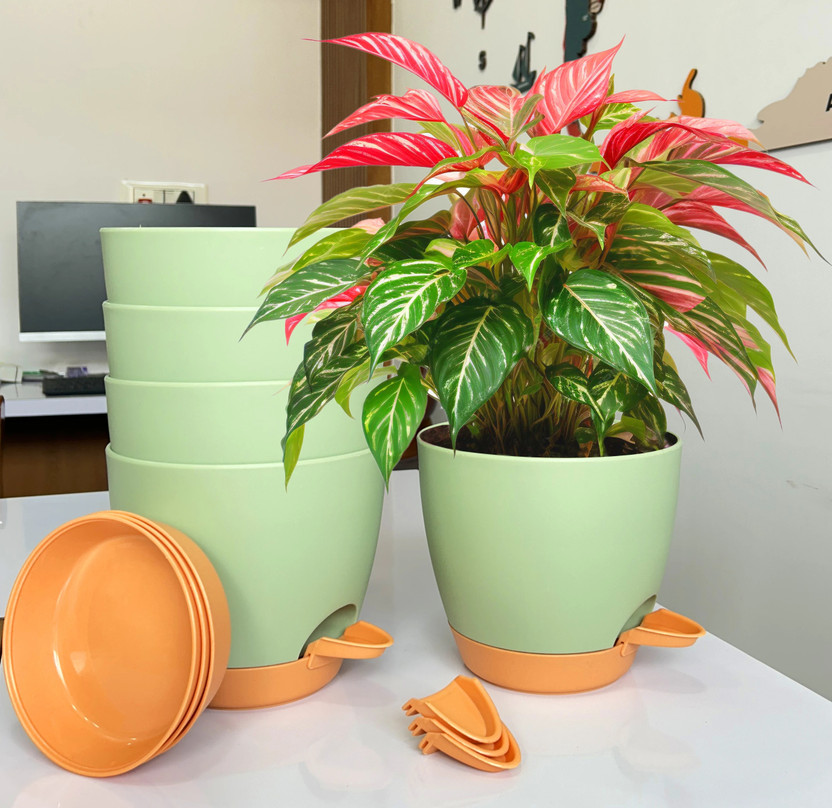 Mithark 5PCs [6"/6.7" in] Self Watering Flower Pots Indoor Outdoor Drainage Hole Saucer Plant Container Set(Pack of 5, Plastic)