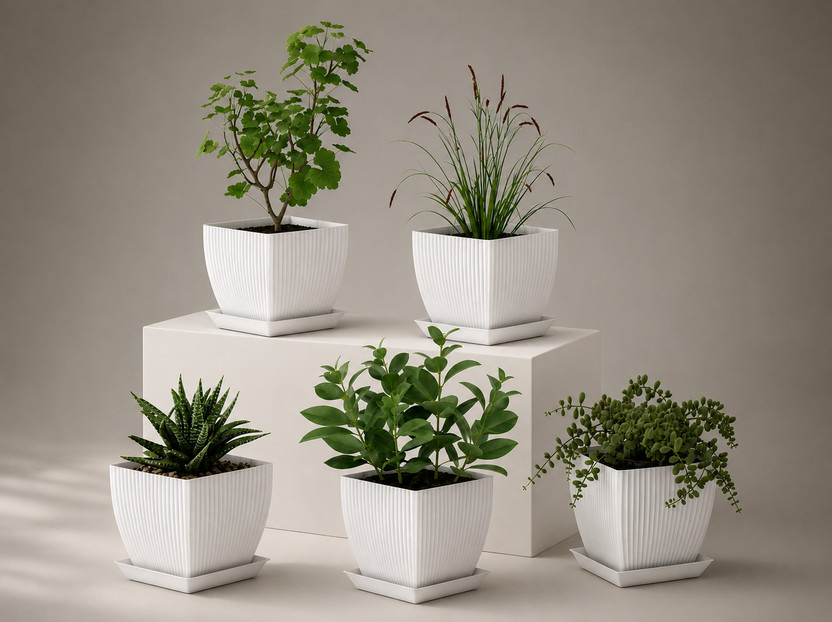 FORBACK Modern Square Plastic Planter Pot with Matching Tray for Indoor Outdoor Use Plant Container Set(Pack of 5, Plastic)