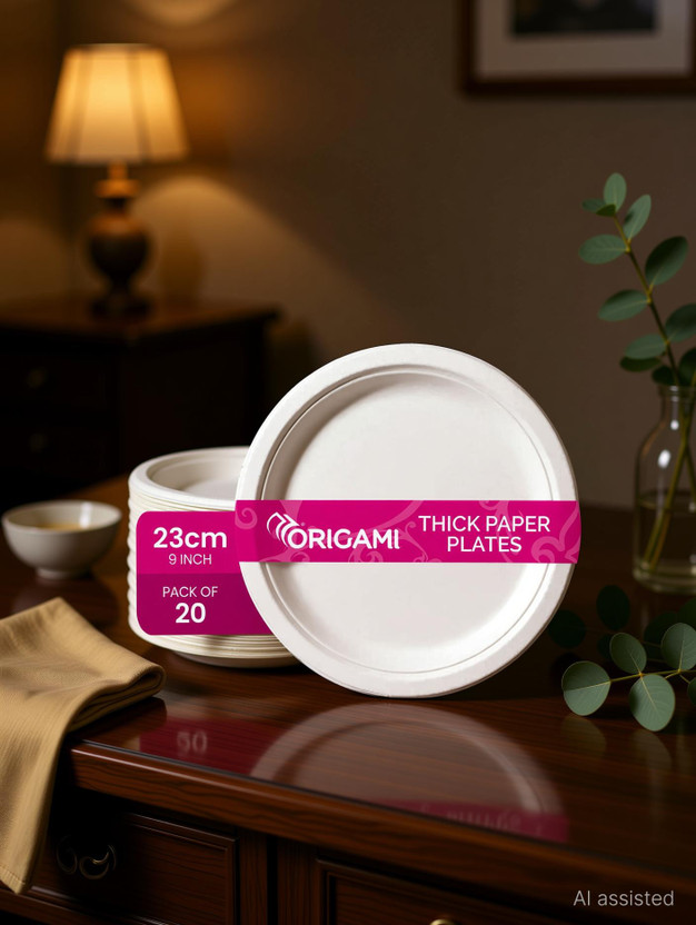 Origami Round 9 Inch (23cm) Biodegradable & Eco-friendly Sugarcane Paper Plates Dinner Plate(Pack of 20)