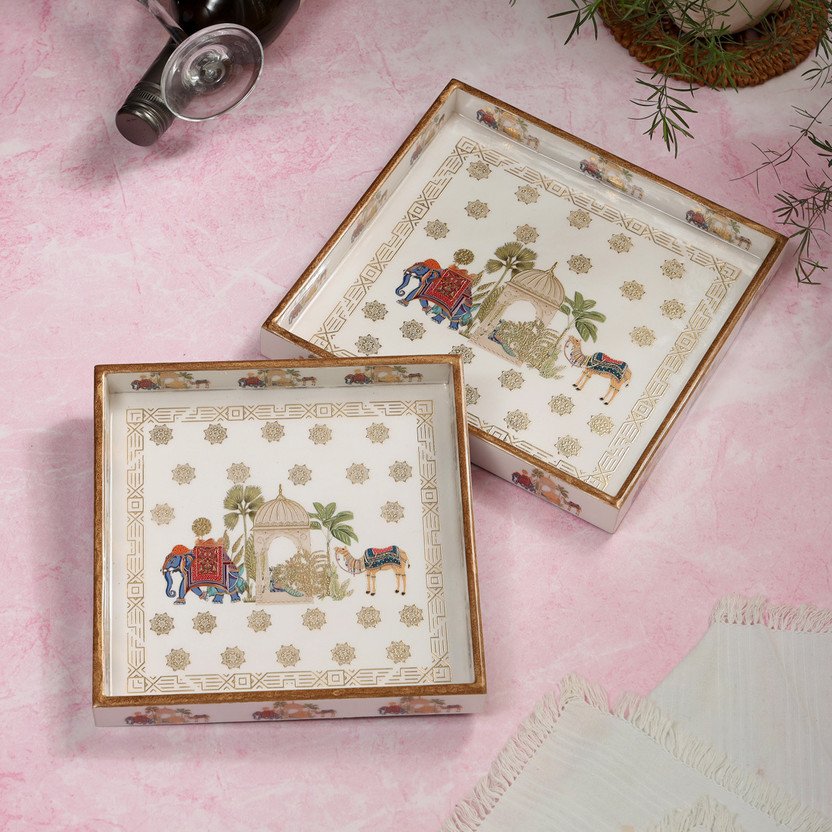DULI DULI Set of 2 Square Elephant Design Serving Tray for Festive-Gifts 9x9 & 8x8 Inches Tray(Pack of 2) - Flipkart Deal