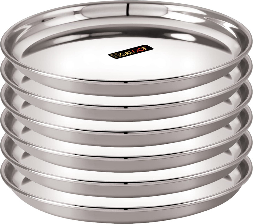 GALOOF Stainless Steel Full Size Dinner Plate Bhojan Thali Round Pack of 6 Dinner Plate(Pack of 6)