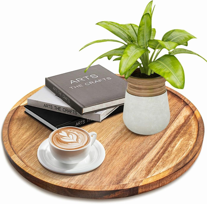 LUNATIC CRAFTWORK 11 inches Wooden Tray Round Wood Tray Solid Wooden Round Tray. Tray(Microwave Safe)