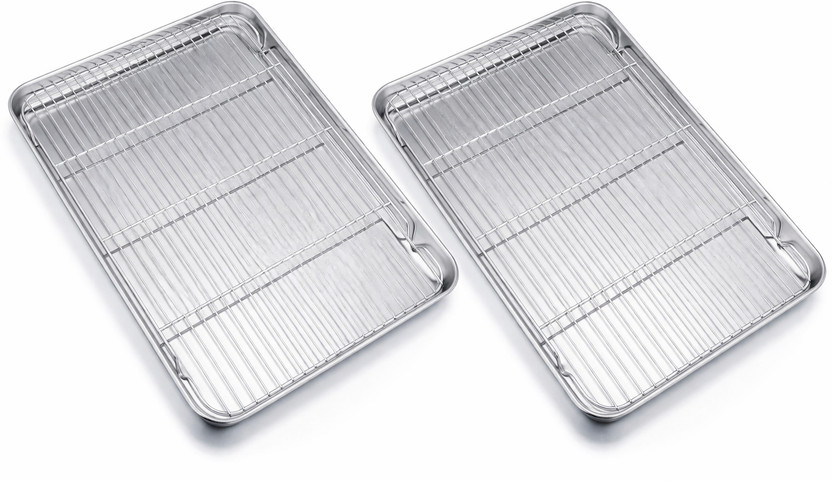 Yopple Stainless Steel Baking Sheet with Cooling Rack Set – 16 Inch Cookie Sheet Pan Tray(Pack of 2, Microwave Safe)