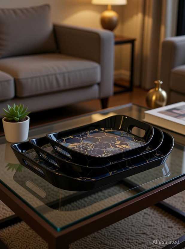 JUICIQ Serving Tray Set of 3 | Black & Gold Designs | Durable & Stylish Tray(Pack of 3)