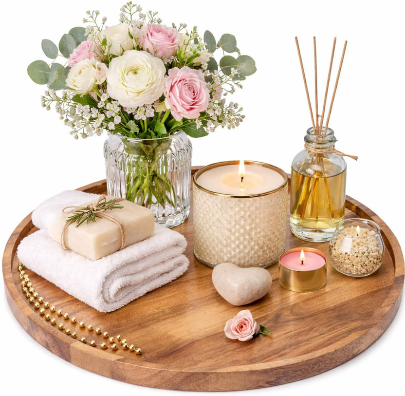 DECORASIA emium Wooden Round Serving Tray/Platter | Decorative Tray for Home Decor Tray(Microwave Safe)