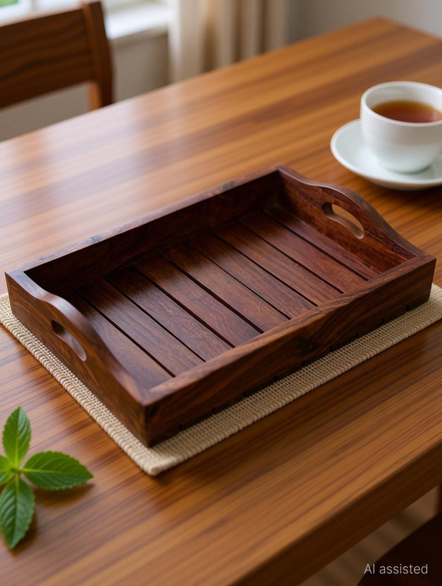 crafthub Sheesham Wooden Antique Handmade Serving Tray for Dining Table and Kitchen - Indian Rosewood Table Tray for Snacks, Breakfast, Tea and Coffee- Centre Trays for Decoration and Storage - Brown Tray