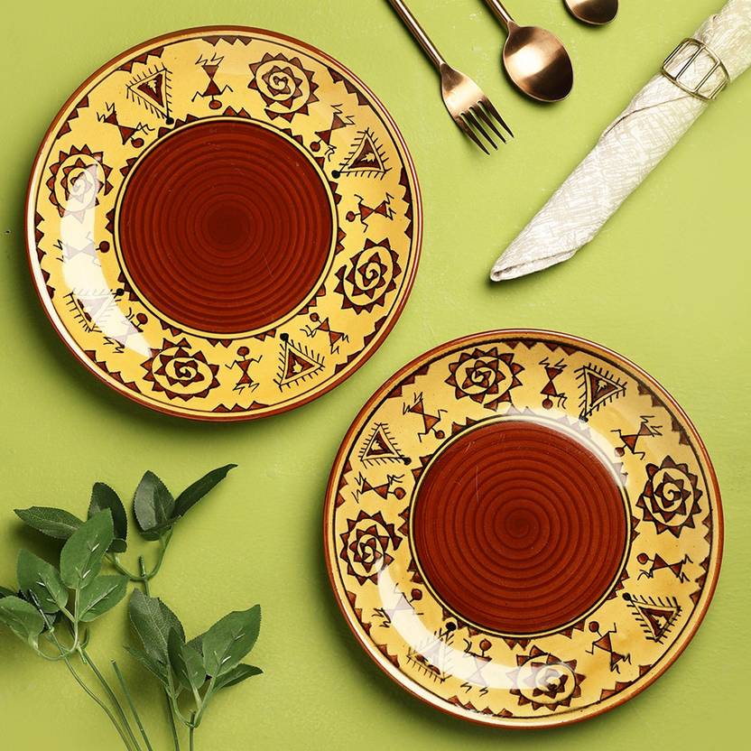 VarEesha Brown Warli Hand Painted Ceramic Dinner Plates Set of Two
