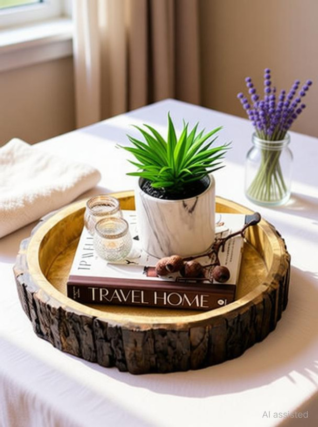 SIFU COLLECTION Beautiful Table Decor Round Shape Wooden Serving Tray/Platter for Home & Kitchen Tray(Microwave Safe)