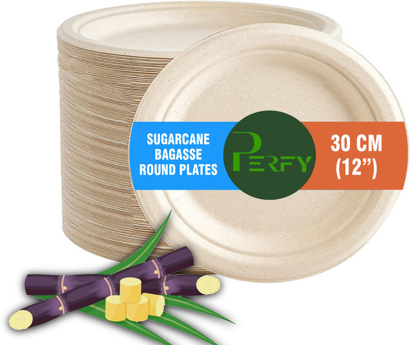 PERFY Disposable Bagasse Plates 12 inch - Eco-Friendly, Biodegradable, Beige Pack-50 Dinner Plate(Pack of 50, Microwave Safe)