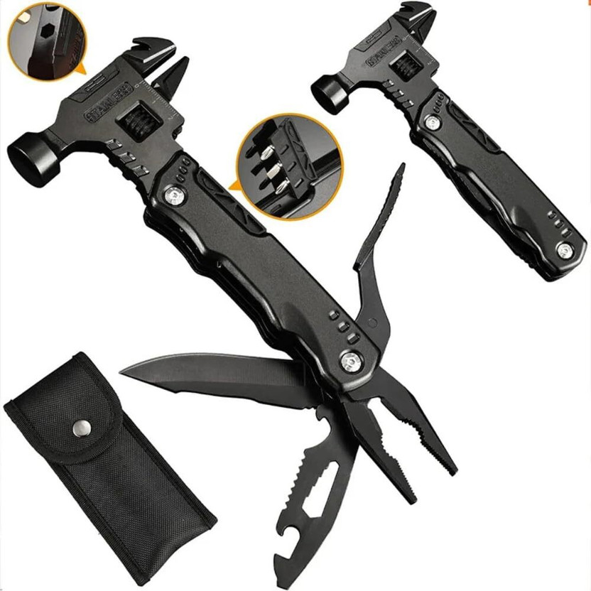 Calldrishe 16 in 1 Hammer with Pliers Screwdrivers Bottle Opener for Indoor Outdoor Multifunctional Gadget Camping Hammer Wrench Multi Tools Hammer for Survival Speciality Hammer(0.4 kg)