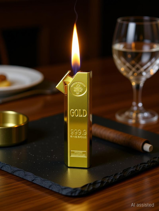 Explorer ™ 24 Karat Gold Bar Long Lighter Refillabe Butane Gas System | Metal Body & Gold Polishing Cigarette Cigar Pocket Lighter(Golden)