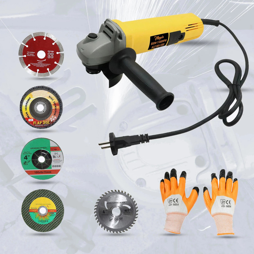 Hillgrove Angle Grinder With 5Pcs Wheels (Grinding+Tile+Wood+Flap Disk) 100% Copper Winding HGCM19M3 Metal Polisher(4 inch)
