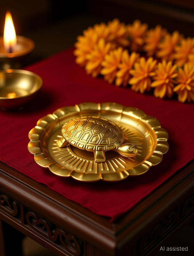 Uniqon (7CM Size) Wish Fulfillment Kachua Laxmi Yantra Vaastu/Fengshui Traditional Religious Tortoise/Turtle With Golden Plate/Thali For Wealth/Prosperity/Peace/Success Puja Decorative Showpiece Copper(1 Pieces, Gold)