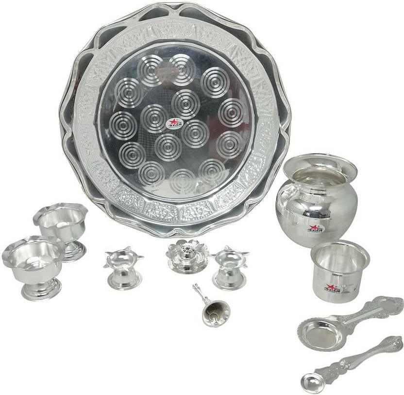 G K Exclusive German Silver Pooja Thali Set, Puja Plate Set, Set of 11