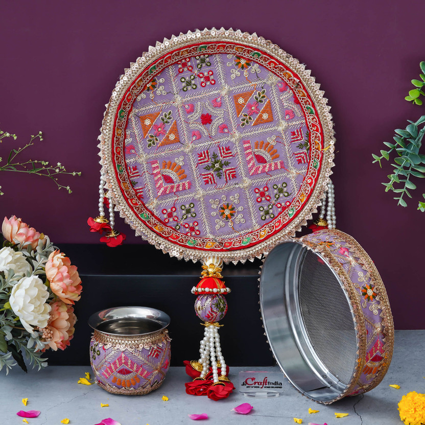 eCraftIndia Steel Karwa Chauth Thali Set with Plate Chalni Lota Steel(1 Pieces, Multicolor)