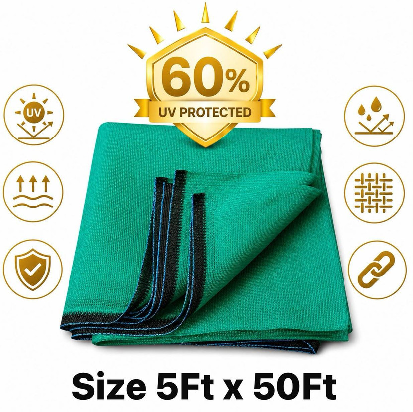 AaravGreens Green Shade Net(5ft x 50ft) 60% Sunblock for Garden,Balcony&Outdoor. Portable Green House(Green)