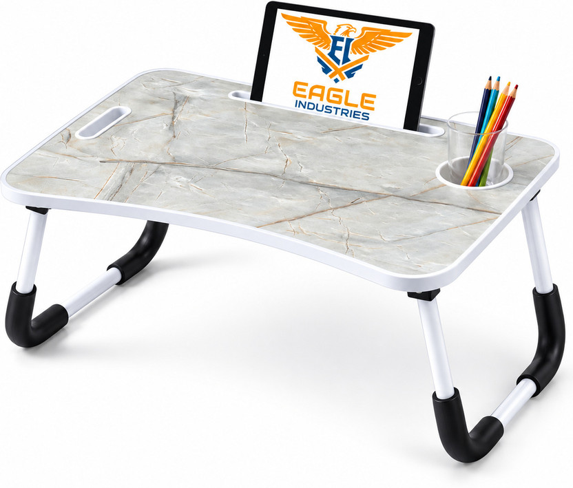 EAGLE INDUSTRIES Foldable Study Table for Home, Laptop Table with Cup Holder & Tablet Slot Wood Portable Laptop Table(Finish Color - Marble Grey, Pre Assembled)
