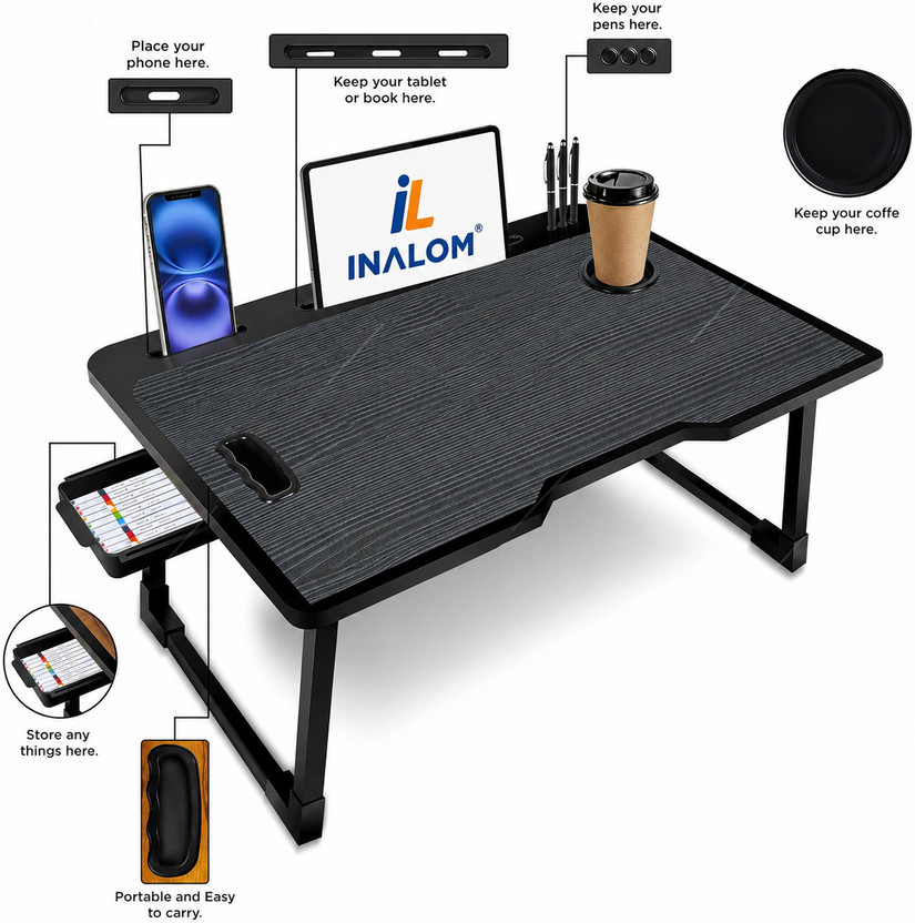 INALOM Premium Wide Laptop Table I Work From Home | Highest Stability | Black Wood Portable Laptop Table(Finish Color - BLACK, Pre Assembled)