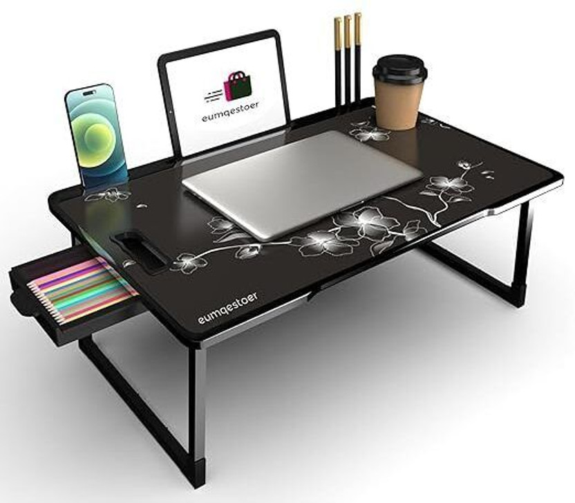 MITHILA Multipurpose Folding Laptop Desk for Bed & Sofa with Drawer and Tablet Holder Wood Portable Laptop Table(Finish Color - US COTTED BLACKFLOWER-U76, Pre Assembled)