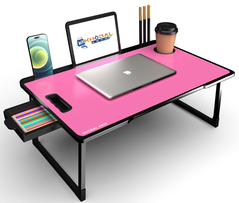 KHODAL ARTH Laptop Table for Bed Foldable Wooden Smart Study Table with Drawer Wood Portable Laptop Table(Finish Color - PINK, Pre Assembled)