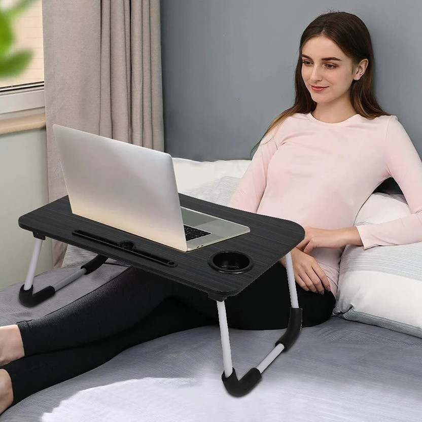 FurniGully Multipurpose laptop table Wood Portable Laptop Table(Finish Color - BLACK, Pre Assembled)