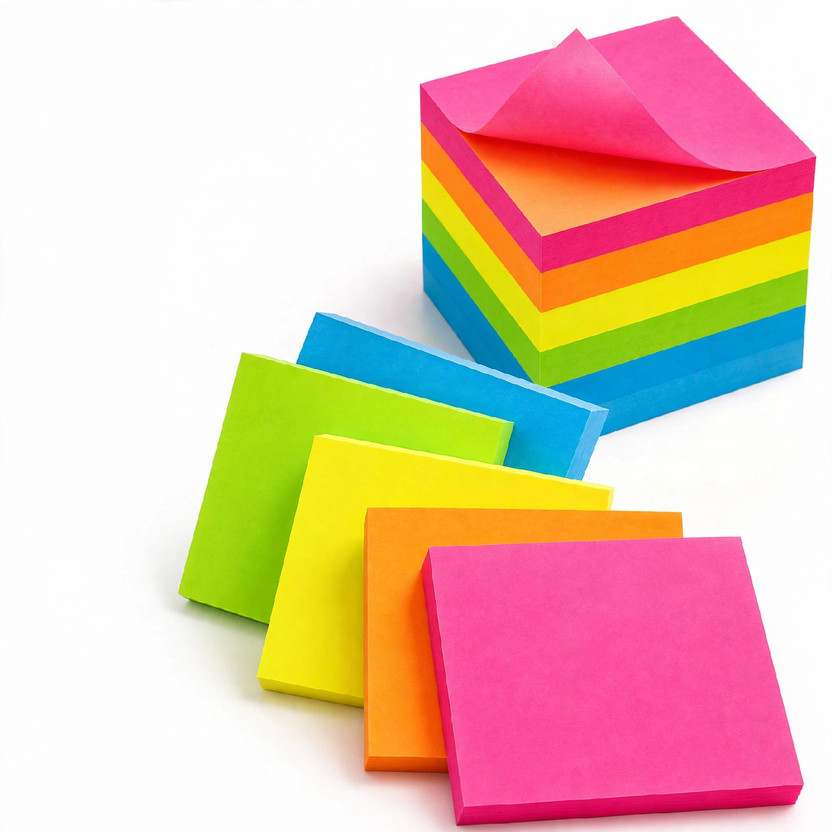 FlyTouch Radiant High-Visibility Press-On Squares Set Creative Personal Organizational 400 Sheets Neon Home Self Adhesive Sticky Notes Type For School Study Work Planning Memo, 5 Colors(Set Of 1, Multicolor)