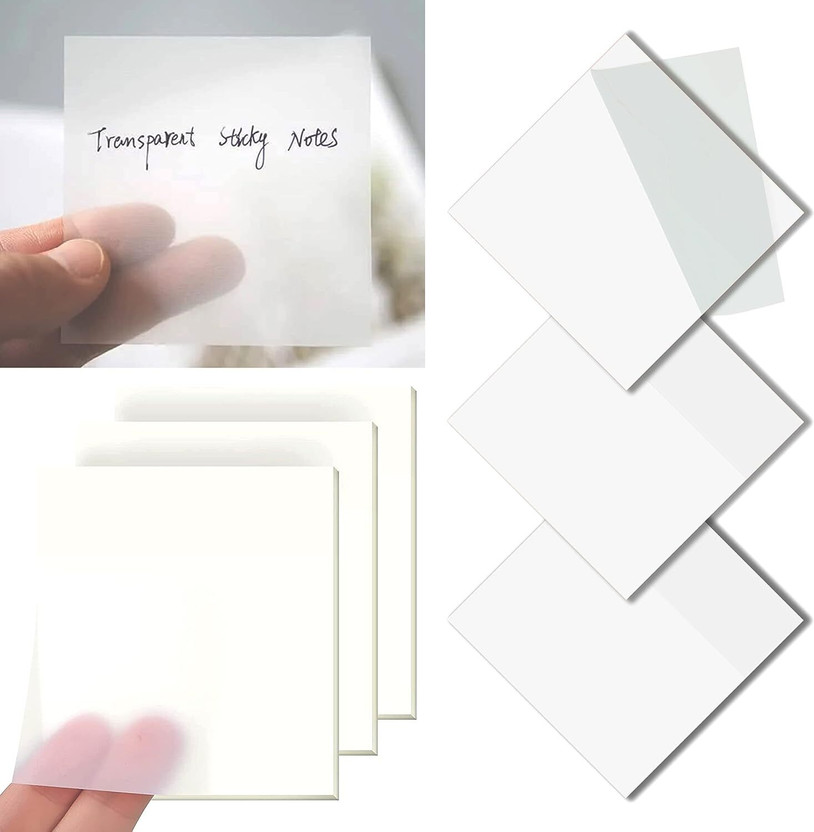 Daizen's 100 Sheets Transparent Sticky Notes Pad,Clear Cute Full self-Adhesive Waterproof 50 Sheets Regular, 1 Colors(Set Of 2, Transparent)