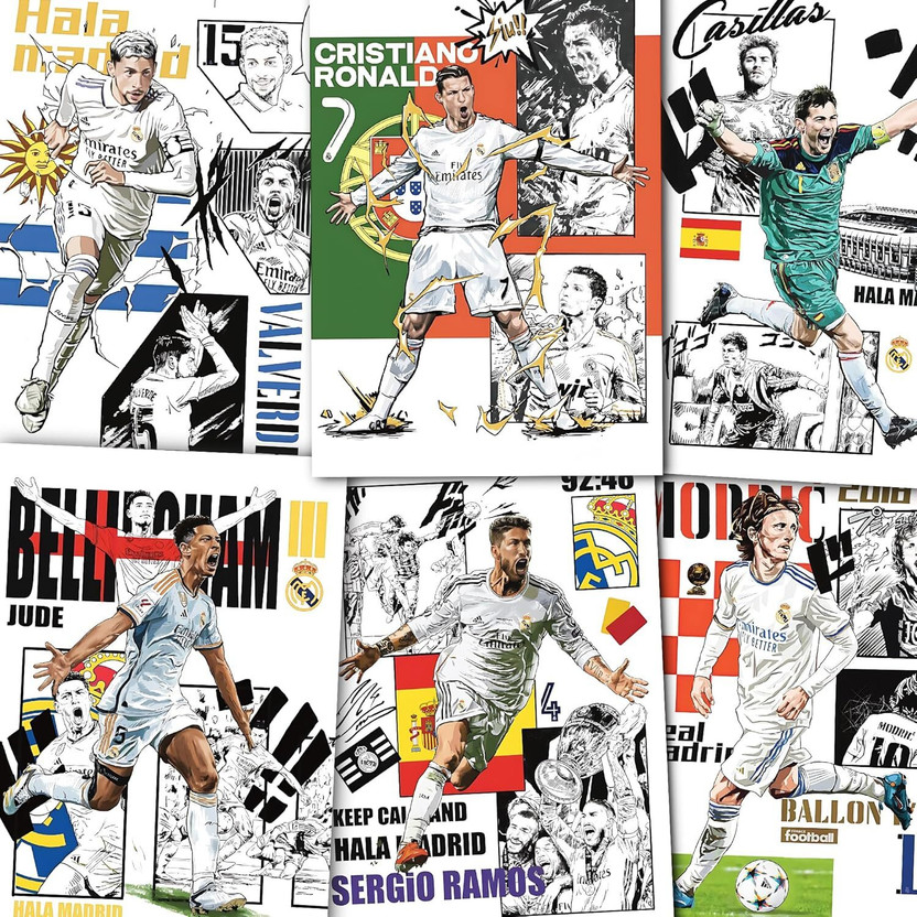 Set of 8 Real Madrid Football Legends Framed Wall Art (13x10 Inch) - Manga Style Cristiano Ronaldo, Ramos & Bellingham Posters for Boys Room & Gaming Den Decor Paper Print(13 inch X 10 inch)