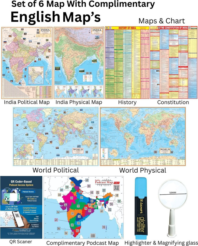 (COMBO OF 6 MAPS/CHARTS WITH COMPLIMENTARY HIGHLIGHTER & MAGNIFYING GLASS) INDIAN Constitution Map & History of India Map With India & World Map (Both Political & Physical)| Set Of 6| Map Size (28 * 40 Inch) (23 * 36 Inch)| Paper Mint| Complimentary Highlighter & Magnifying Glass| Best Useful for UP
