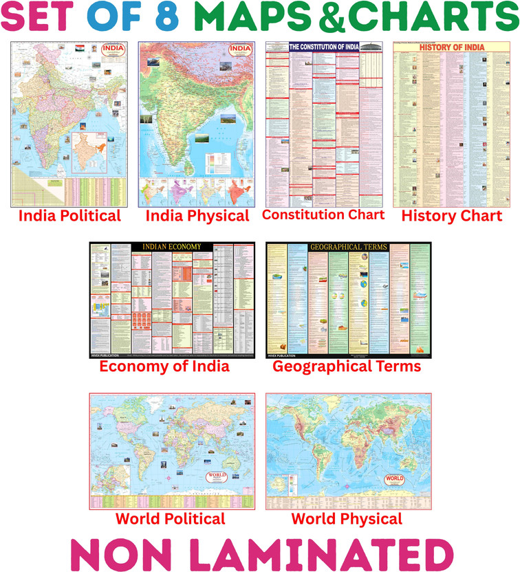 India & World Map ( Both Political & Physical ) with Constitution of India , Indian History , Indian Economy & Geographical Terms Chart | Set Of 8 | Useful for UPSC and other competitive exam preparation | Fine Art Print(28 inch X 40 inch)