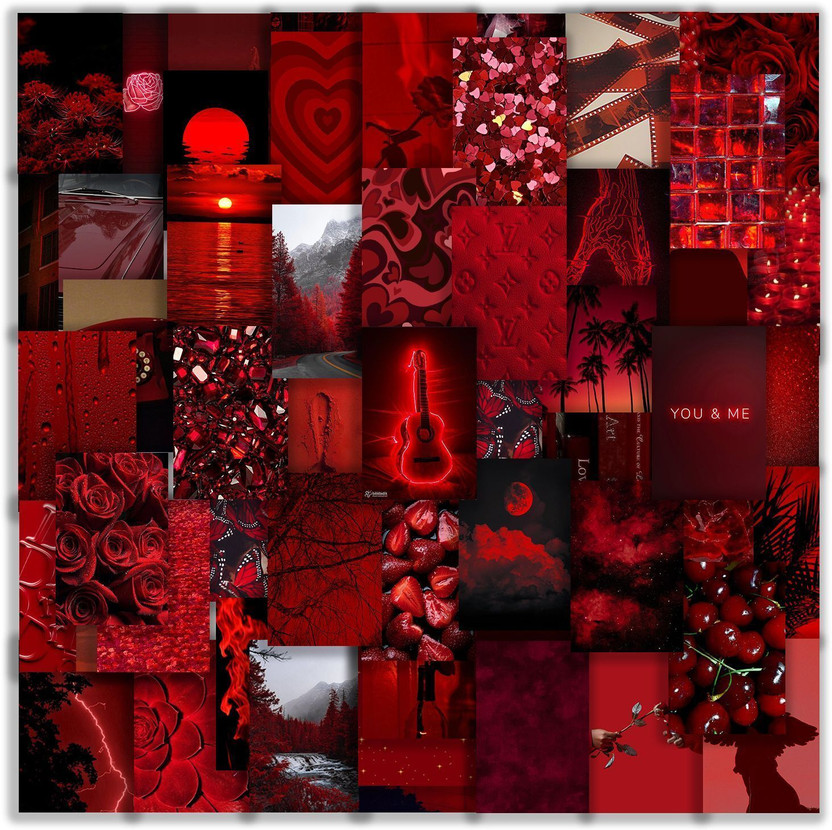 63 Pcs Red Aesthetic Romantic Wall Collage Kit – 4x6 Inch Vintage Wall Posters for Room Decor | Sweet Aesthetic Photo Collage Kit for Bedroom, Dorm & Office | Thick 300 GSM Cardstock Paper Included Fine Art Print(6 inch X 4 inch, Rolled)