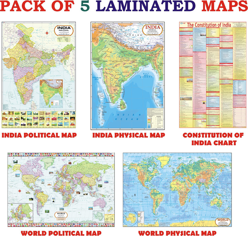 India & World Map ( Both Political & Physical ) with Constitution of India Chart | LAMINATED SET OF 5 Photographic Paper(40 inch X 28 inch, Rolled)