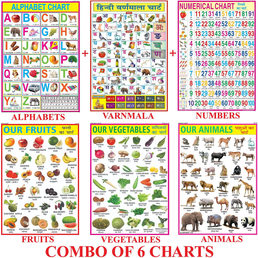 All in One Educational Charts for Kids | English Alphabet, Hindi Varnmala, Numbers, Fruits, Vegetables & Animals | Combo of 6 | Size - 70x100 cm (Large) | 70 x 100 cm | Non-Tearable and Waterproof Product Bundle – 25 February 2022 Fine Art Print(28 inch X 40 inch)