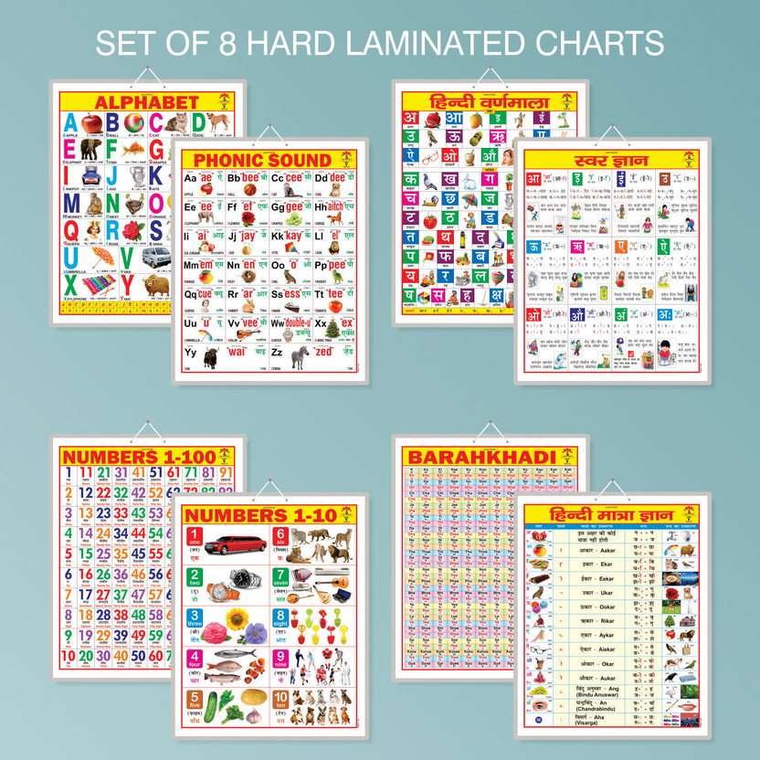 Educational Charts for kids | Hard Laminated Charts Set of 8 (4 Sheets) Paper Print(23 inch X 18 inch)
