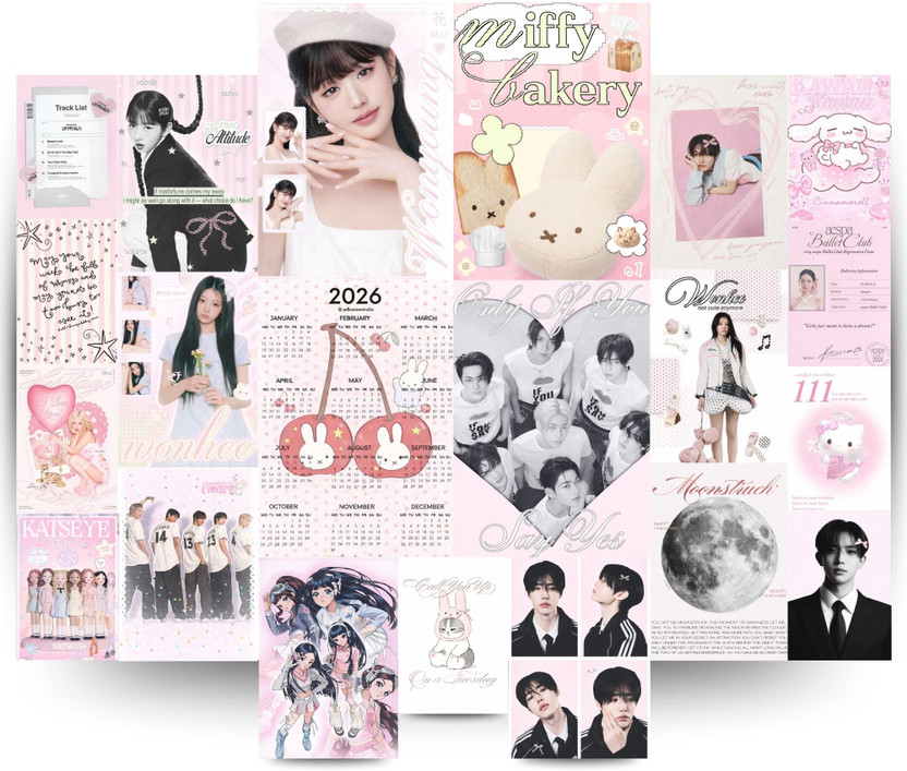 Kpop Aesthetic Pink 21 Wall Poster Kit | 4 A4 + 8 A5 + 9 A6 | Wonyoung Wonhee Katseye Aespa | Unframed Kawaii Room Décor with Glue Sheet | Miffy Cinnamoroll Hello Kitty | 2026 Calendar Poster Included | 300 GSM Fine Art Print(11.6 inch X 8.2 inch, Flat Sturdy Box)