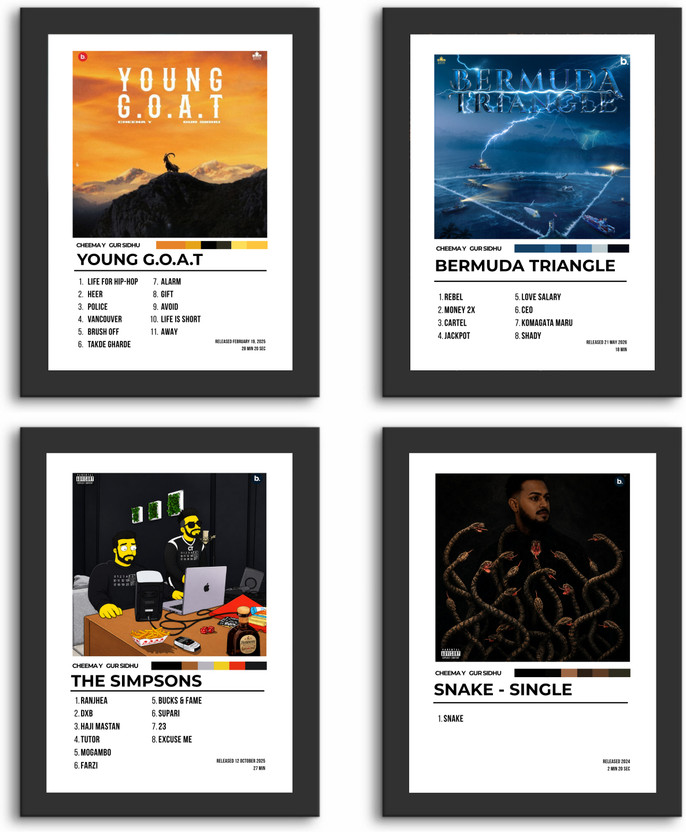 Aanchal World Cheema Y Album Cover Photo Frame Set of 4 | Young G.O.A.T, Bermuda Triangle, The Simpsons & Snake Music Poster Frames | Black Framed Wall Art Decor | 11x14 Inch Photographic Paper(14 inch X 11 inch, Framed)
