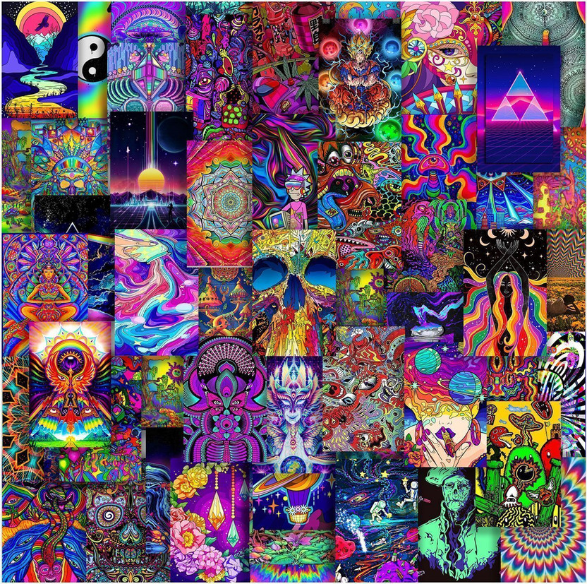 Psychedelic Wall Collage Kit – 54-Pack Trippy Aesthetic Posters, Vibrant Retro Wall Art for Bedroom, Dorm & Boho Room Decor Photographic Paper(6 inch X 4 inch, Rolled)