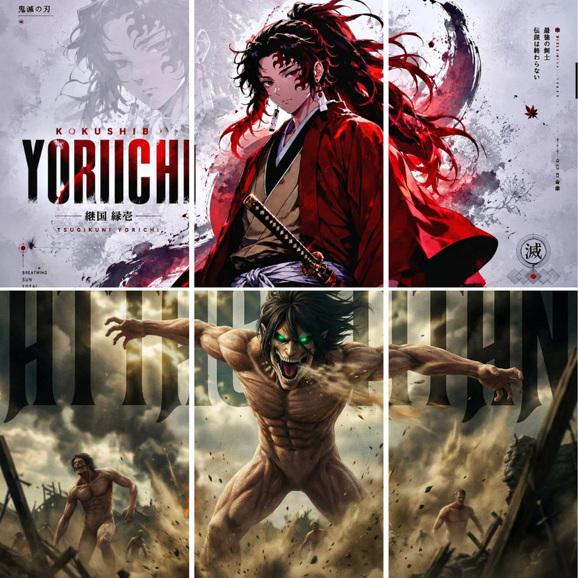 AADHA AADHA RETAILŞ Anime Legendary Swordsman and Attack Titan Triptych Split Wall Poster A4 Size 8.2x11.7 Inch Ultra Thick 400 GSM Cardstock Premium HD Yoriichi Tsugikuni Sun Breathing Crimson Haori and Roaring Attack Titan Battlefield Print for Gaming Room Bedroom and Living Room Unframed Paper Print(11 - Flipkart Deal