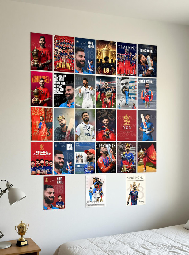 Virat Kohli "King Kohli" Mini Poster Wall Collage Kit – Set of 27 (4x6 Inch) Premium 300 GSM Matte Prints – Best Quality Cricket Fan Merch & RCB Team Tribute – Includes Double-Sided Tape Photographic Paper(6 inch X 4 inch, Rolled)