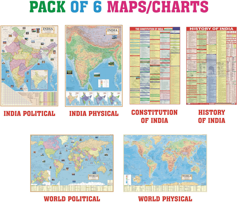 INDIA & WORLD MAPS ENGLISH , CONSTITUTION OF INDIA & HISTORY OF INDIA CHART : COMBO OF 6 MAPS/CHARTS : MAPS SIZE 70 X 100 CMS ( 28 X 40 INCHES ) , CHARTS SIZE 55 X 90 CMS ( 23 X 36 INCHES ) : USEFUL FOR UPSC , SSC , IES & OTHER COMPETITIVE EXAMS Paper Print(40 inch X 28 inch, Foldable)
