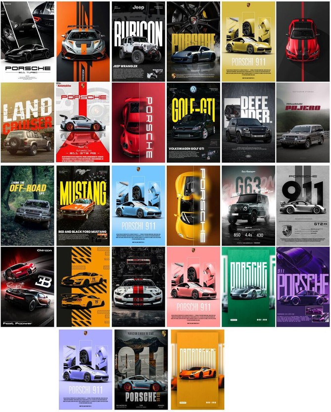 Pack of 27 Car Aesthetic Wall Collage Kit Posters | Posters for Wall Decoration | Wall Art For Bedroom, Office, Living room, Dorm room Photographic Paper -Gifting ideas- Photographic Paper(6 inch X 4 inch, set of 27 cars prints)