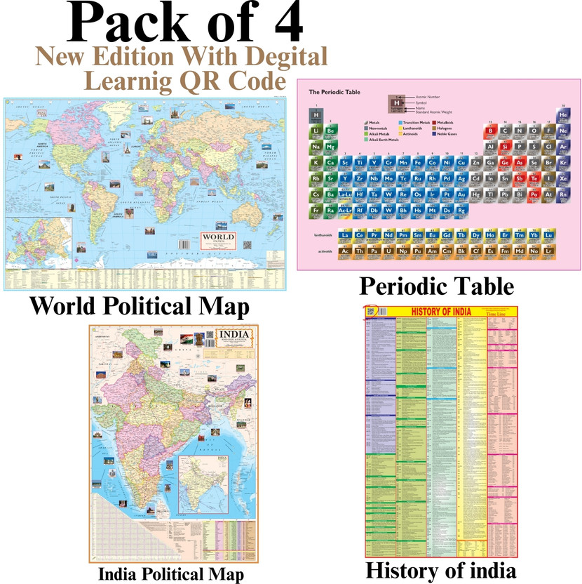 Pack Pack of 4 Educational Maps – India Political, World Political, History of India & Periodic Table Chart, 28x40 Inch (70x100 cm), 90 GSM Thick Paper, High-Quality Print, Soft English Paper, QR Code, SSC, UPSC, Exam Study Maps Paper Print(40 inch X 28 inch, Folded) - Flipkart Deal