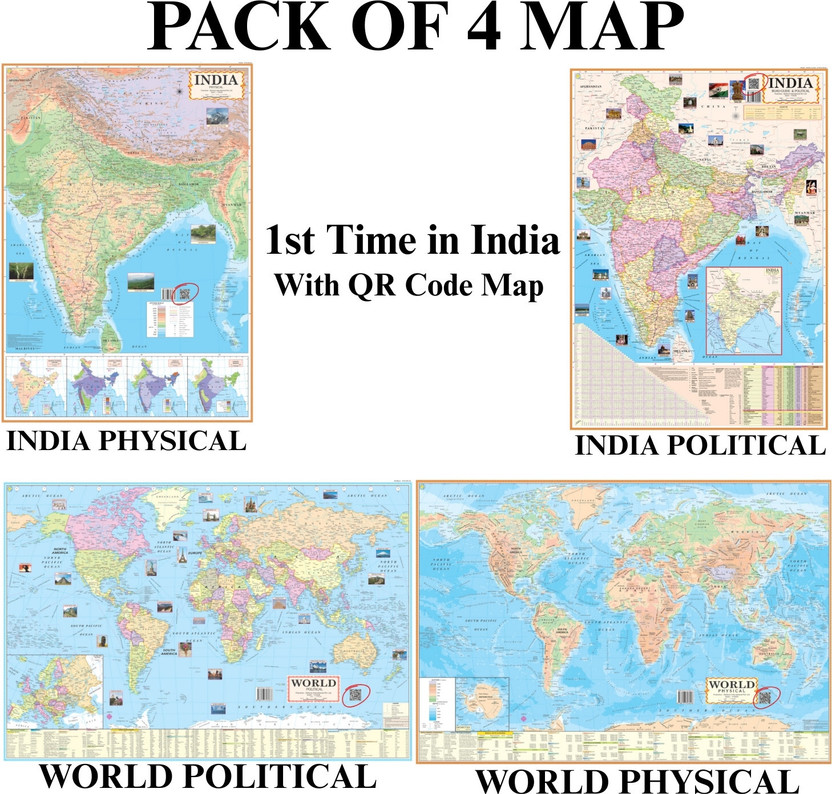 Explore, Learn, and Discover: Comprehensive 4-Piece English Map Set - Indian Physical & Political, World Physical & Political, Pack Of 4 Paper Print(30 inch X 20 inch, Folded)