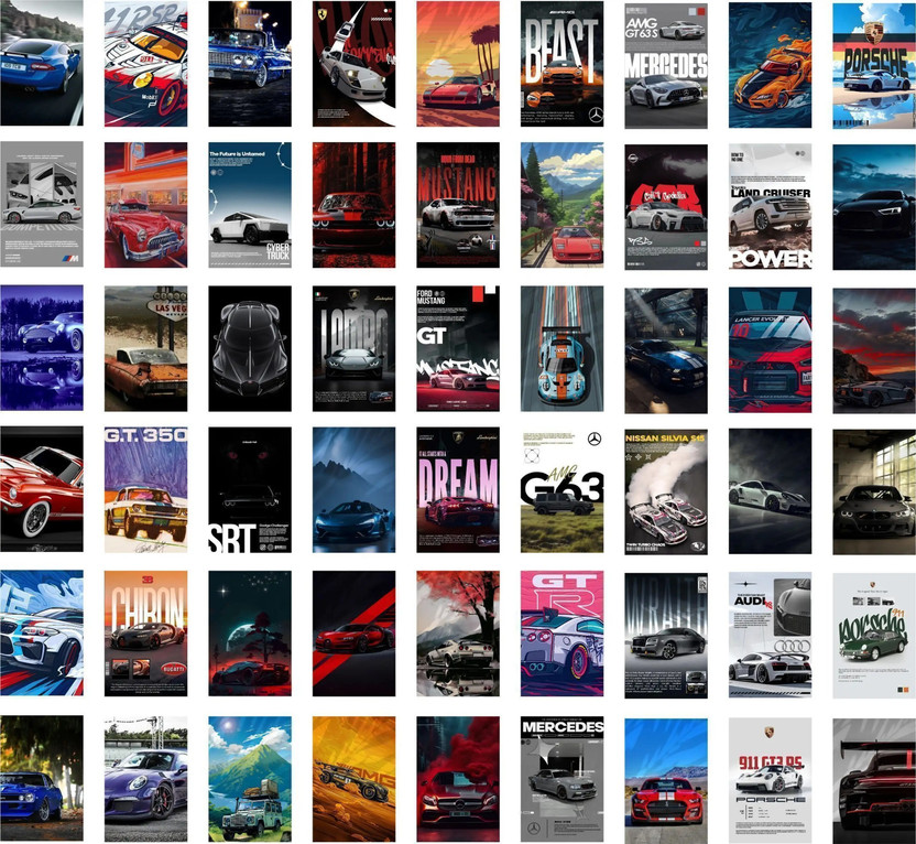 Cars Poster Pack of 54 | 4x6 Inch Mini Posters | Sports Car, Vintage Car, Supercar & Classic Car Wall Decor | Aesthetic Room Decoration Paper Print | Includes Mounting Tape Fine Art Print(6 inch X 4 inch, Flat Box)
