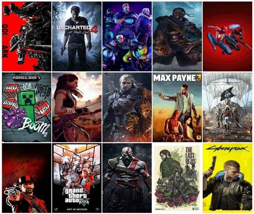 Gaming Gaming Poster Set of 15 | A4 Size 350 GSM Glossy Wall Posters | GTA, Cyberpunk, Spider-Man, God of War, Minecraft & More | Room, Hostel, Café, Gaming Setup Décor (Unframed) Photographic Paper(11.5 inch X 8.5 inch, BOX) - Flipkart Deal