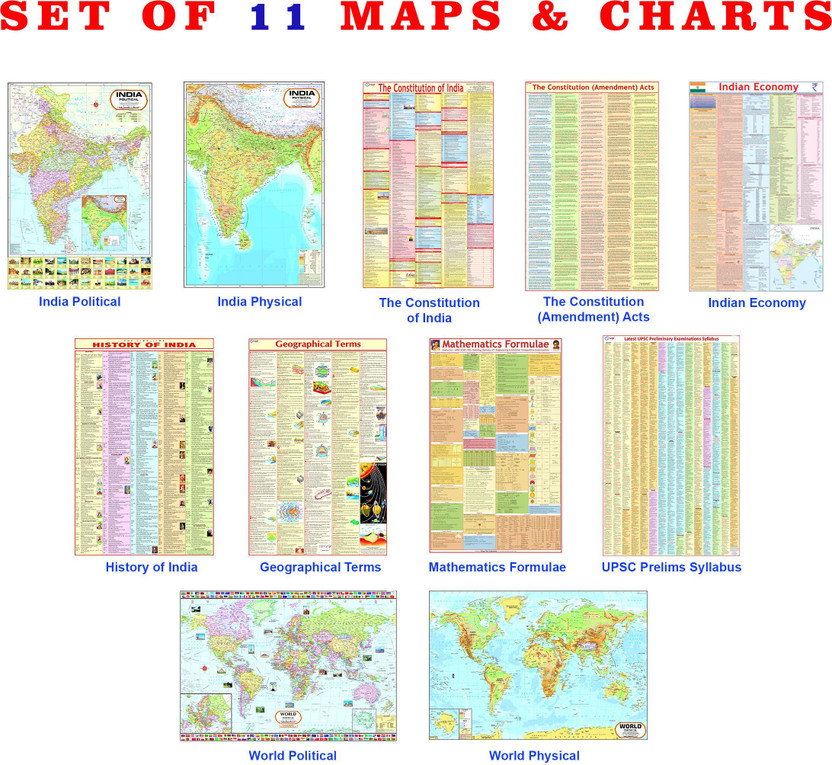UPSC Maps & Charts Study Set of 11 (Folded, Non Laminated) | India & World Maps, Constitution, History, Economy, Maths Formula & Prelims Syllabus Paper Print(40 inch X 28 inch, FOLDED)