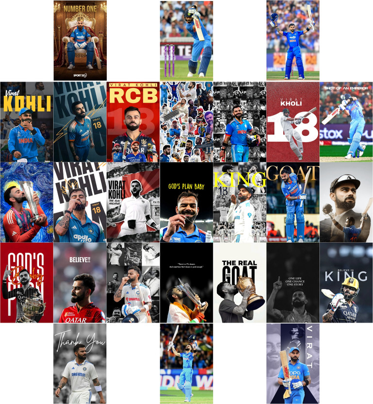 Pack of 27 Virat Kholi Legend Art Wall Collage Kit Posters (4 x 6 Inches) | Wall Art for Bedroom, Living Room, Office | Small Posters for Room Decoration | Sports Wall Decor | Cricket Player Poster Set Paper Print(5.9 inch X 3.9 inch, envelope pakaging)