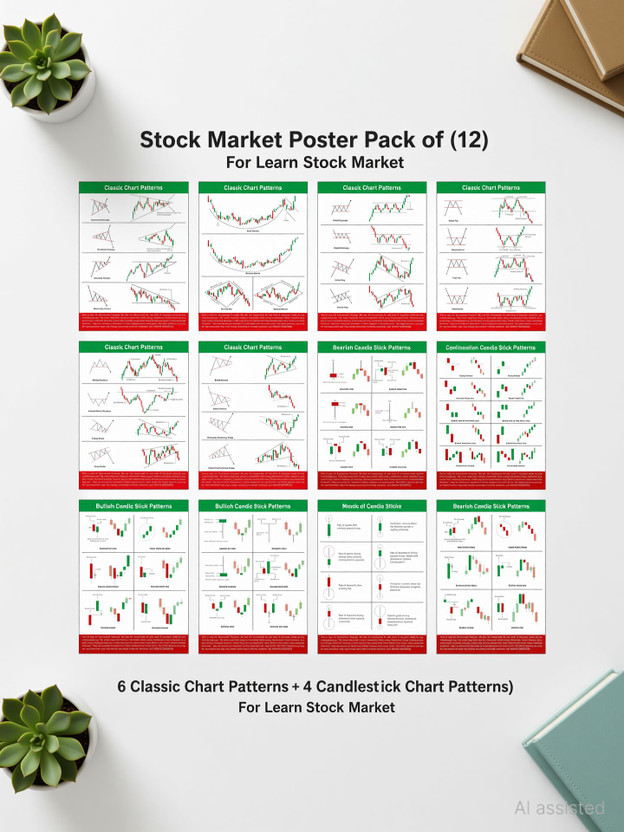 Stock Market Poster Pack of 12, (6 Classic Chart Patterns + 6 Candlestick Chart Patterns) For Learn Stock Market (Size : 9 inch X 12 inch) Paper Print (12 inch X 9 inch, Box) Paper Print(12 inch X 9 inch, BOX)