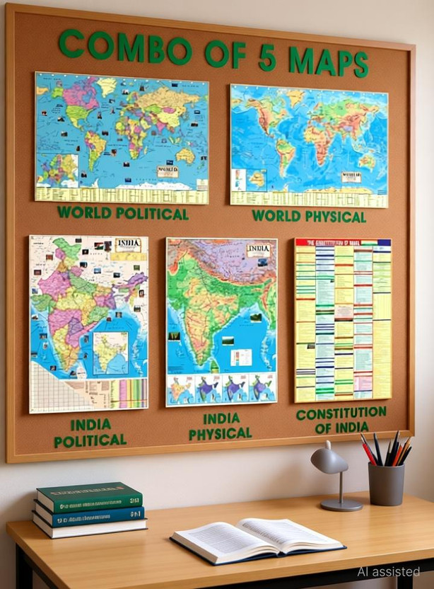 (COMBO OF ENGLISH 5 MAPS) INDIAN Constitution Chart With India & World Map (Both Political & Physical)| Set Of 5| Map Size (48 * 28) (23 * 36)|Paper Mint| Best Useful for UPSC, SSC, IES and other competitive Exams. Paper Print (28 inch X 40 inch) Paper Print(28 inch X 40 inch, Rolled)